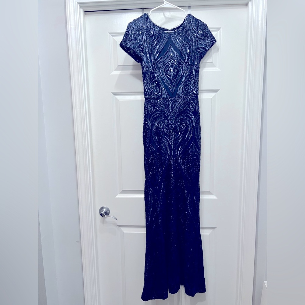Betsy Adam Long Blue Sequin Dress